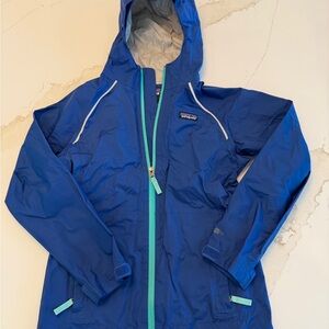 Patagonia Rain Jacket Girls Waterproof Blue Hooded Jacket with Mint Accents